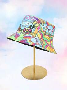 1pc Women Multi-Color Mushroom Print Reversible Bucket Hat, Suitable For Beach Vacation, Outdoor Travel, Party, Daily Sunscreen Wear - Multicolor - View 3
