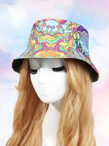 1pc Women Multi-Color Mushroom Print Reversible Bucket Hat, Suitable For Beach Vacation, Outdoor Travel, Party, Daily Sunscreen Wear - Multicolor - View 5