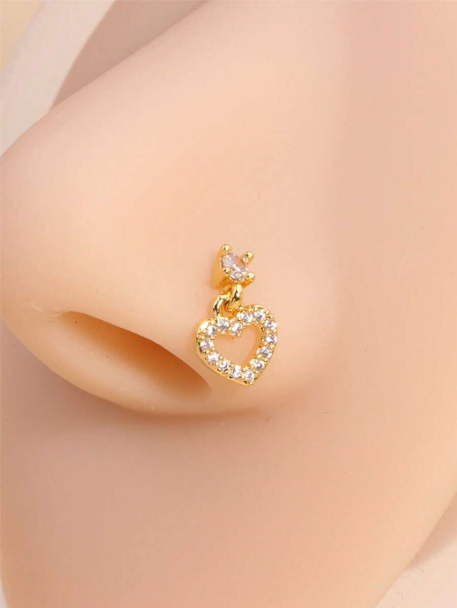 1 件时尚铜方晶锆石心形装饰鼻钉，适合女士日常装饰情人节、妈妈、母亲、母亲节、礼物 - 金黃色 - 查看 1