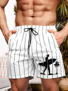 Surfspeed Hombres Shorts de natación de rayas & con estampado de figura de cintura con cordón - Blanco - Ver 1