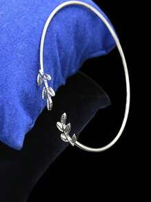 1入組時尚鋅合金樹葉裝飾開口手鐲適合女士日常裝飾 - 銀色 - 查看 3