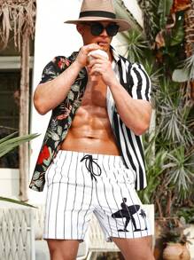 Surfspeed Hombres Shorts de natación de rayas & con estampado de figura de cintura con cordón - Blanco - Ver 5