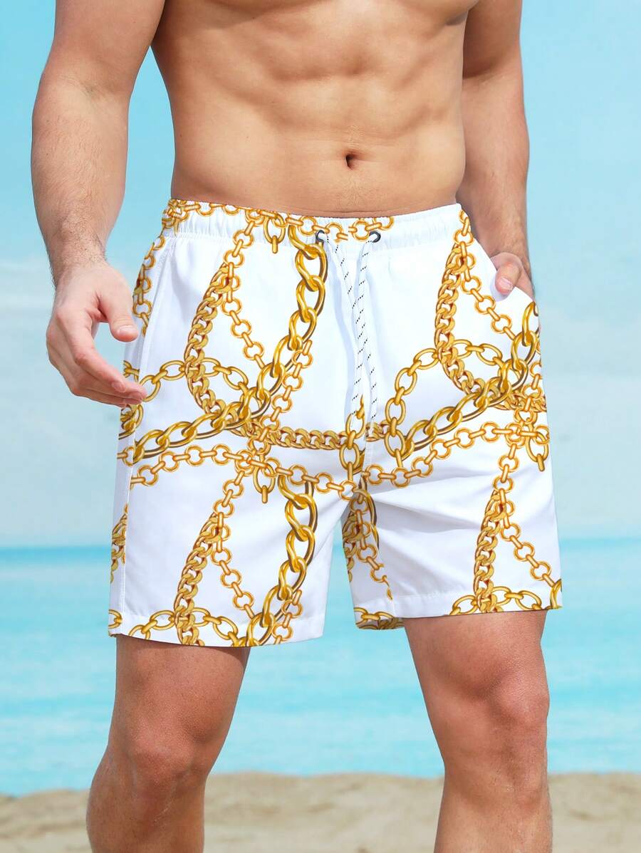 Manfinity Swimmode Men Chain Print Drawstring Waist Swim Trunks - White - View 1