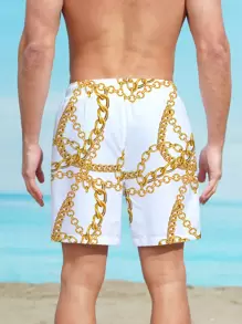 Manfinity Swimmode Men Chain Print Drawstring Waist Swim Trunks - White - View 2