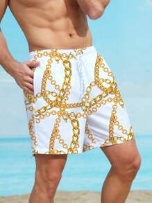 Manfinity Swimmode Men Chain Print Drawstring Waist Swim Trunks - White - View 4