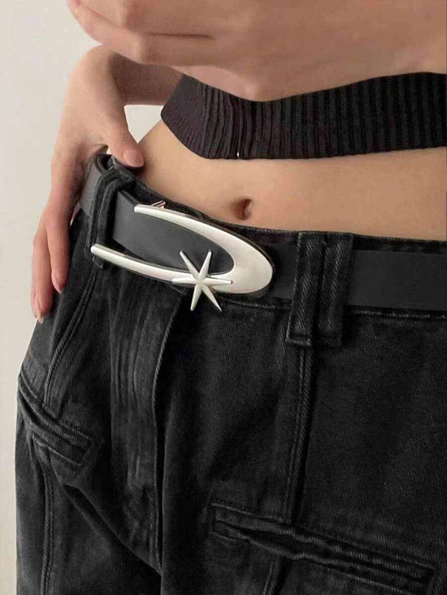 1 pieza Cinturón de moda con hebilla geométrica con decoración de estrella para mujer, para uso diario, calle, Halloween - Negro - Ver 1
