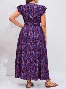 SHEIN VCAY 大碼滿版印花蝴蝶袖繫腰帶連衣裙 - 紫色 - 查看 2