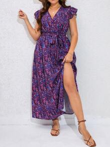 SHEIN VCAY 大碼滿版印花蝴蝶袖繫腰帶連衣裙 - 紫色 - 查看 3