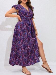 SHEIN VCAY 大碼滿版印花蝴蝶袖繫腰帶連衣裙 - 紫色 - 查看 5