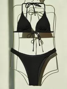 素色三角杯比基尼泳裝 - 黑色 - 查看 1