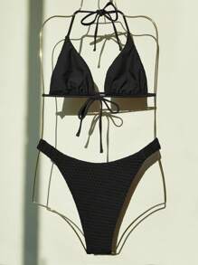 素色三角杯比基尼泳裝 - 黑色 - 查看 2