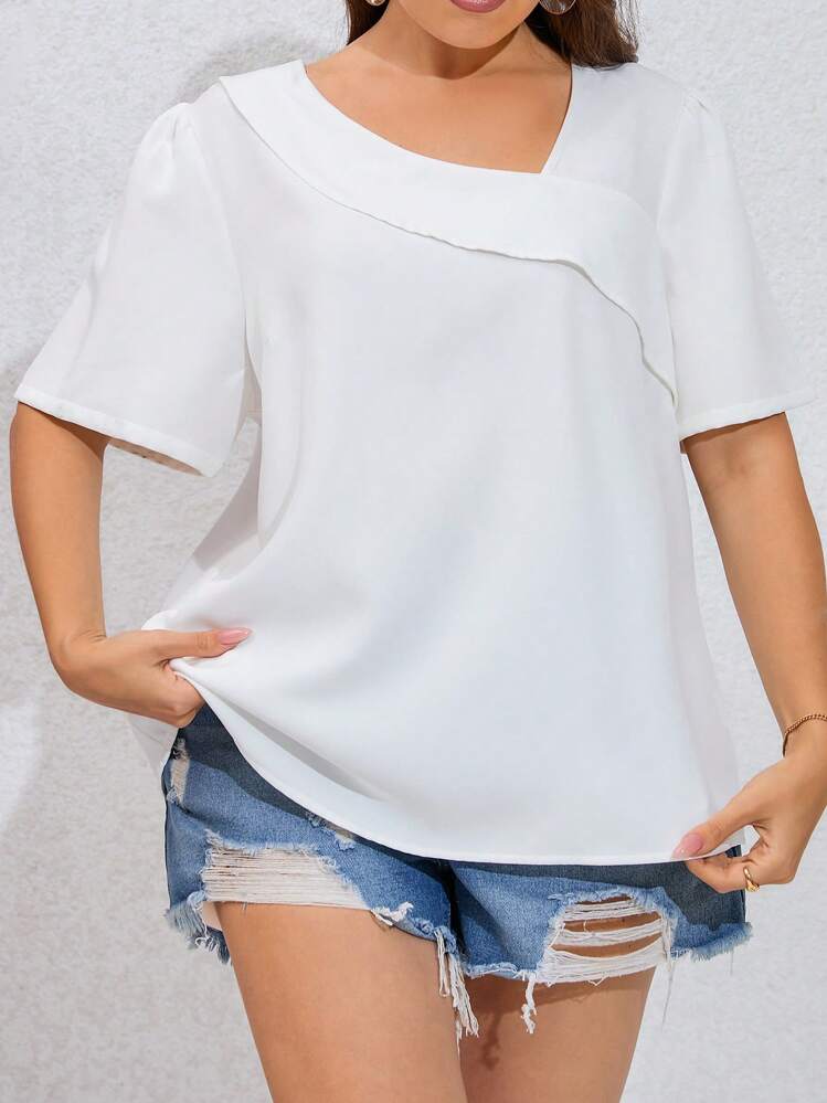 SHEIN Privé Plus Blouse Unicolore À Col Asymétrique Manches Bouffantes - Blanc - Voir 6