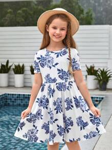 SHEIN Girls 1pc Floral Print Dress - Blue and White - View 2