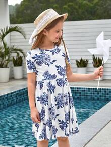SHEIN Girls 1pc Floral Print Dress - Blue and White - View 4