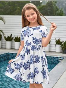 SHEIN Girls 1pc Floral Print Dress - Blue and White - View 6