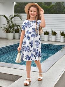 SHEIN Girls 1pc Floral Print Dress - Blue and White - View 8