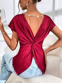 SHEIN Privé Twist Backless Chain Detail Batwing Sleeve Blouse,Short Sleeve Tops