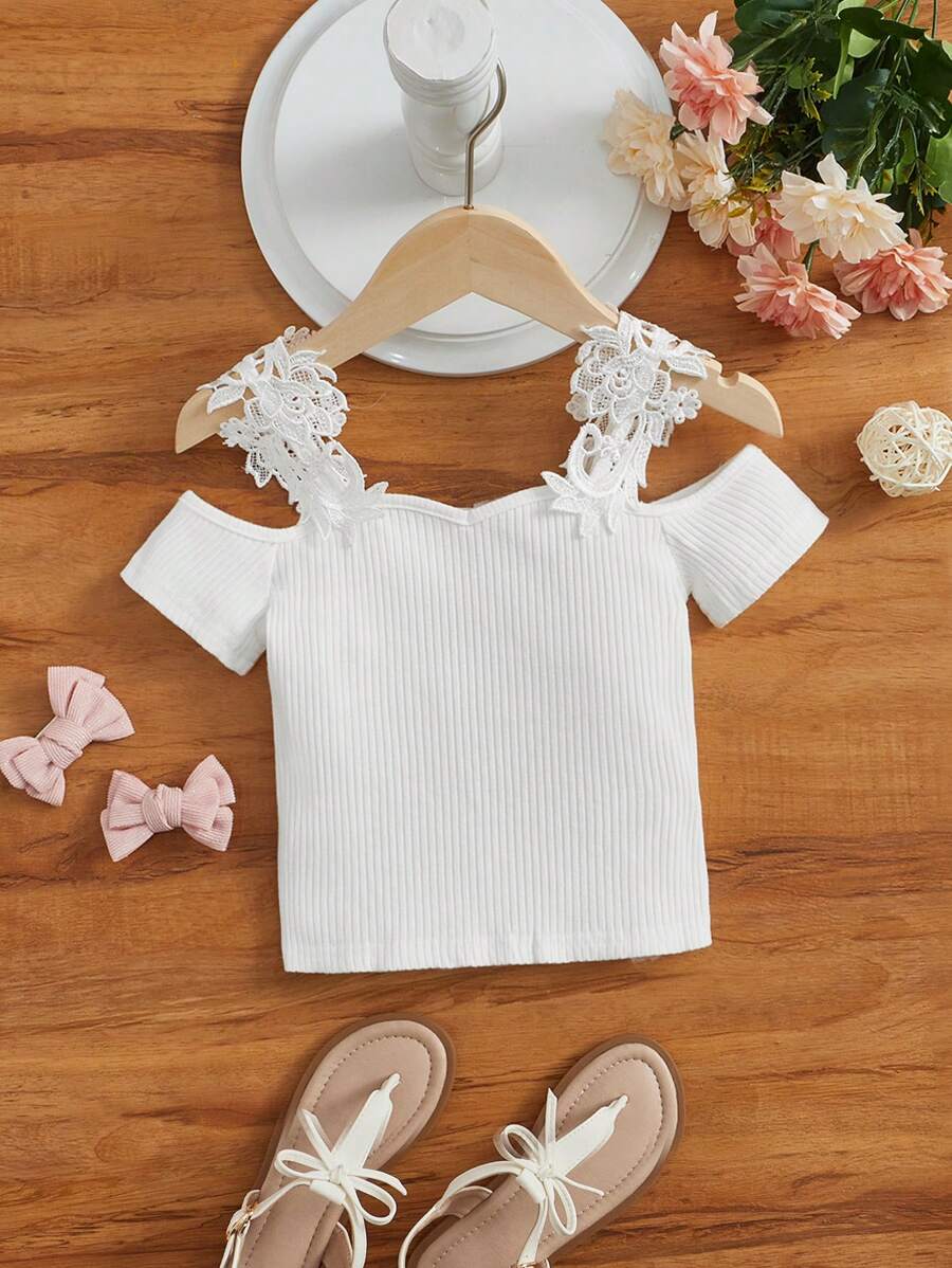 SHEIN Young Girl Toddler Girls Appliques Cold Shoulder Tee - White - View 1