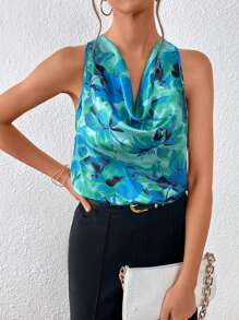 SHEIN Privé Áo sơ mi nữ Vắt Hoa Tất cả trên in Thanh lịch - màu xanh lá - Xem 1