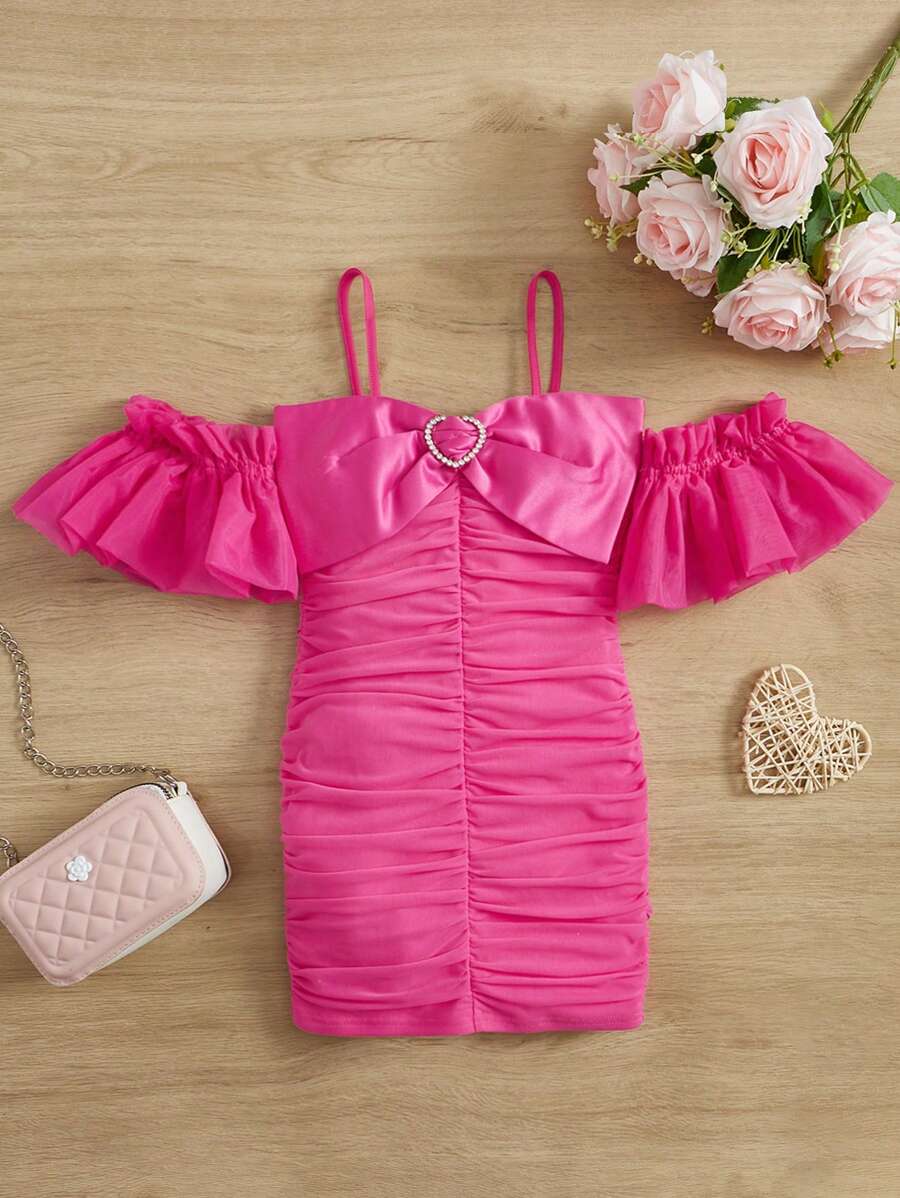 SHEIN Leap Crew 小女童挖肩褶邊連衣裙 - 玫紅色 - 查看 1