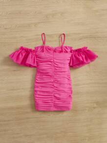 SHEIN Leap Crew 小女童挖肩褶邊連衣裙 - 玫紅色 - 查看 2