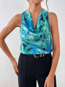 SHEIN Privé Áo sơ mi nữ Vắt Hoa Tất cả trên in Thanh lịch - màu xanh lá - Xem 3