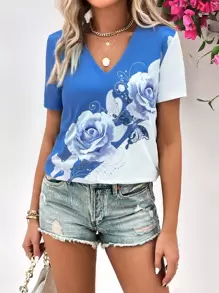 SHEIN LUNE 印花V領T恤 - 藍白色 - 查看 5