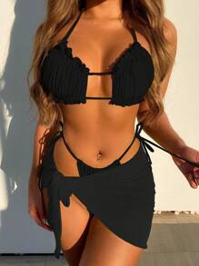 Frill Trim Halter Triangle Bikini Set With Beach Skirt - Black - View 1