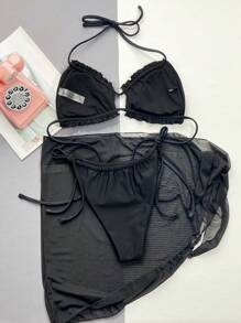 Frill Trim Halter Triangle Bikini Set With Beach Skirt - Black - View 2