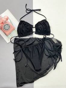 Frill Trim Halter Triangle Bikini Set With Beach Skirt - Black - View 4