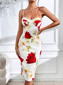 SHEIN Privé 印花高衩吊帶連衣裙 - 彩色 - 查看 1