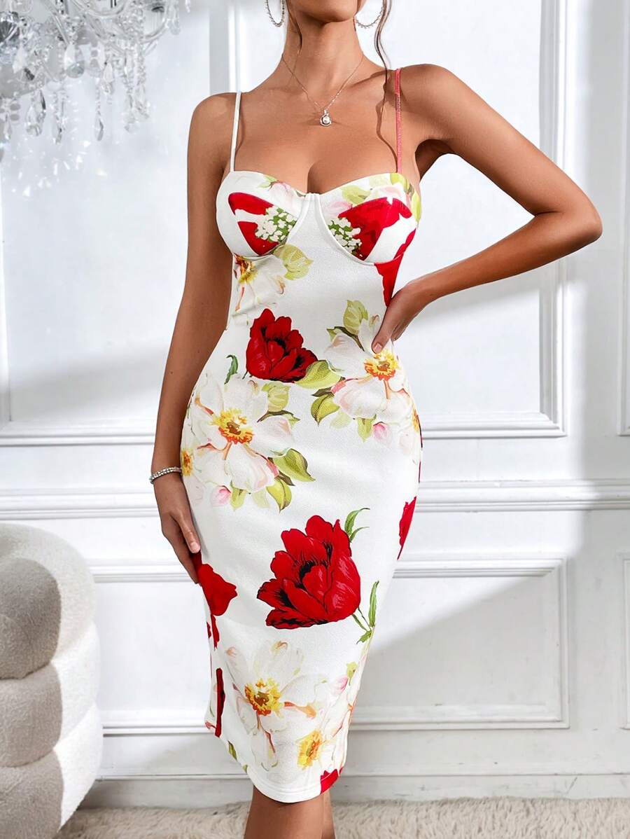 SHEIN Privé 印花高衩吊帶連衣裙 - 彩色 - 查看 1