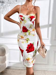 SHEIN Privé 印花高衩吊帶連衣裙 - 彩色 - 查看 5