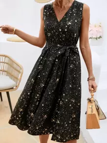 SHEIN LUNE Vestido con cinturón con estampado de galaxia - Multicolor - Ver 1