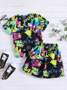 SHEIN 小男童字母圖案T恤和短褲 - 彩色 - 查看 3