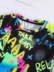 SHEIN 小男童字母圖案T恤和短褲 - 彩色 - 查看 5