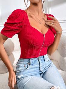 SHEIN Privé Áo thun nữ Dây kéo màu trơn Giải trí - Đỏ - Xem 5