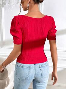 SHEIN Privé Áo thun nữ Dây kéo màu trơn Giải trí - Đỏ - Xem 4