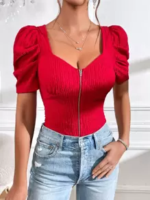 SHEIN Privé Áo thun nữ Dây kéo màu trơn Giải trí - Đỏ - Xem 1