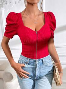 SHEIN Privé Áo thun nữ Dây kéo màu trơn Giải trí - Đỏ - Xem 2