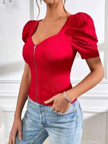 SHEIN Privé Áo thun nữ Dây kéo màu trơn Giải trí - Đỏ - Xem 3