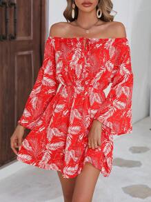 SHEIN VCAY Tropical Print Off Shoulder Knot Front Trumpet Sleeve Dress - Red - View 1