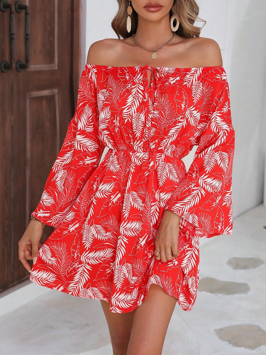 SHEIN VCAY Tropical Print Off Shoulder Knot Front Trumpet Sleeve Dress - Red - View 1