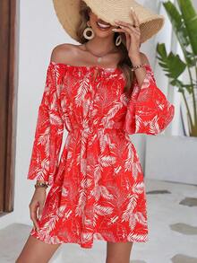 SHEIN VCAY Tropical Print Off Shoulder Knot Front Trumpet Sleeve Dress - Red - View 6