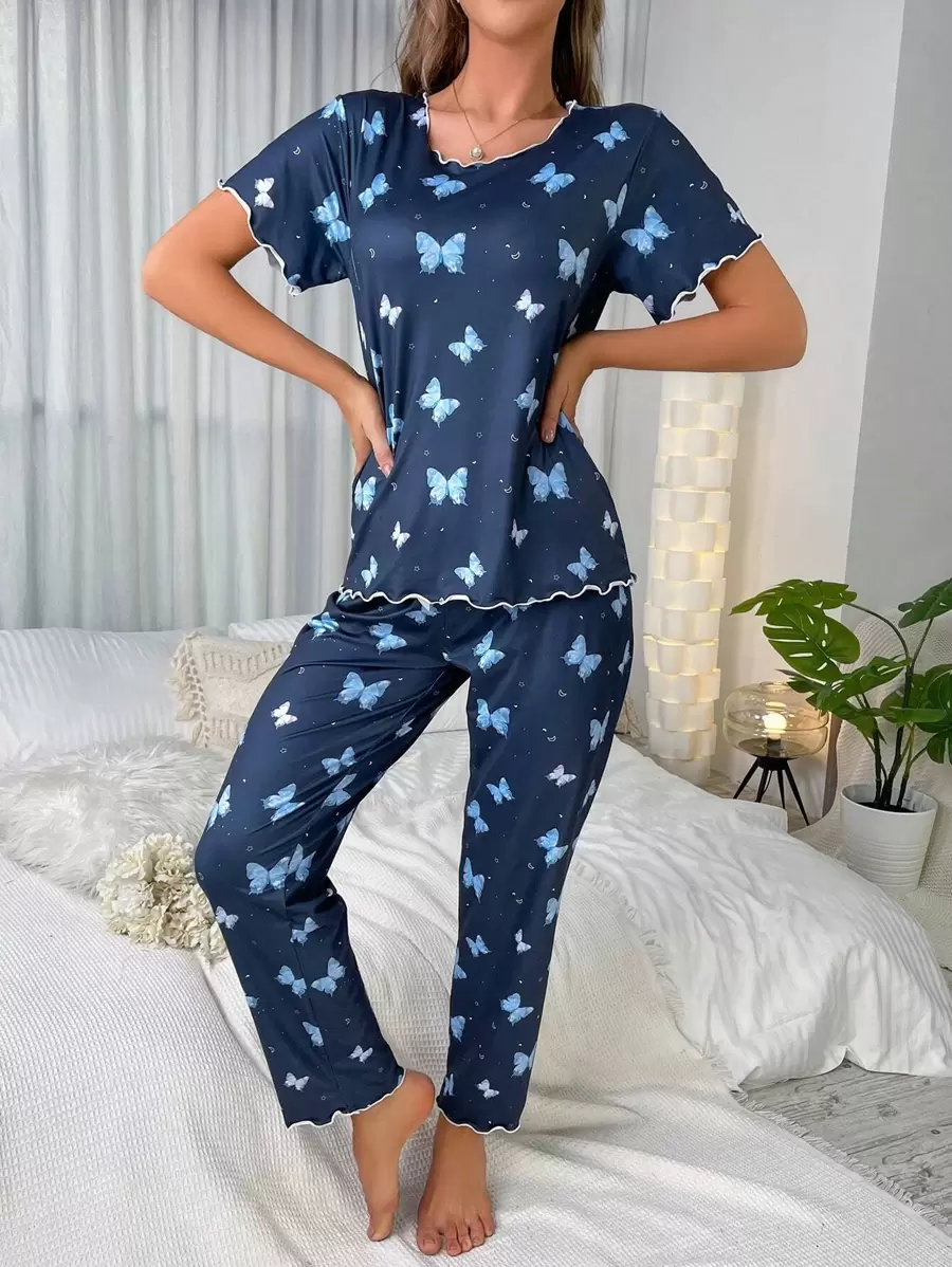 Butterfly Print Lettuce Trim PJ Set / Pajama Set - Navy Blue - View 1