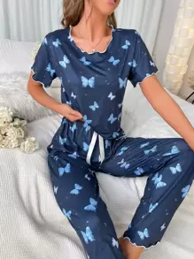 Butterfly Print Lettuce Trim PJ Set / Pajama Set - Navy Blue - View 5