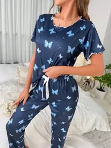 Butterfly Print Lettuce Trim PJ Set / Pajama Set - Navy Blue - View 6