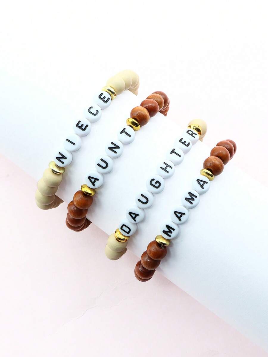 1入組字母細節木頭串珠手鏈 - 棕色 - 查看 1