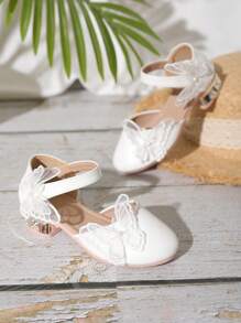 女孩蝴蝶和人造珍珠裝飾婚禮戶外踝帶平底鞋 - 白色 - 查看 1