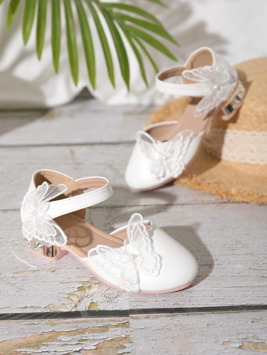 女孩蝴蝶和人造珍珠裝飾婚禮戶外踝帶平底鞋 - 白色 - 查看 1